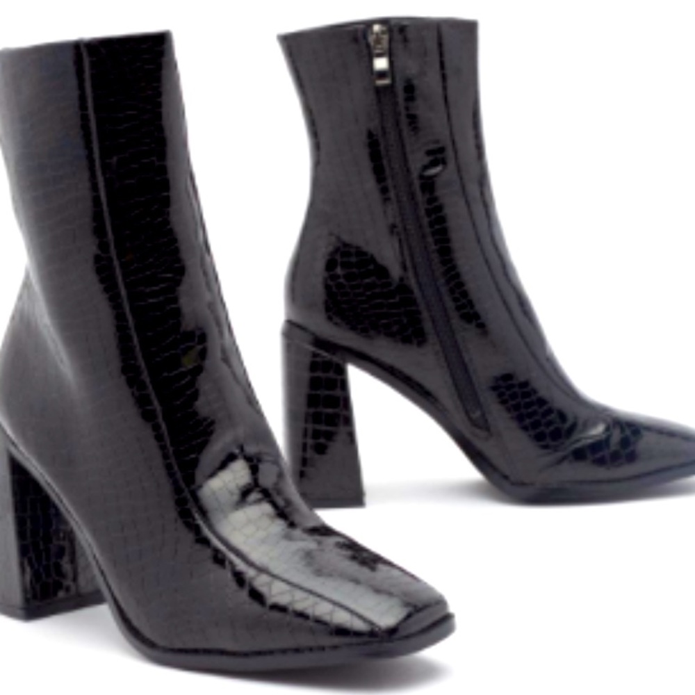 Black Croc Patent Mid Rise Square Toe Boots
